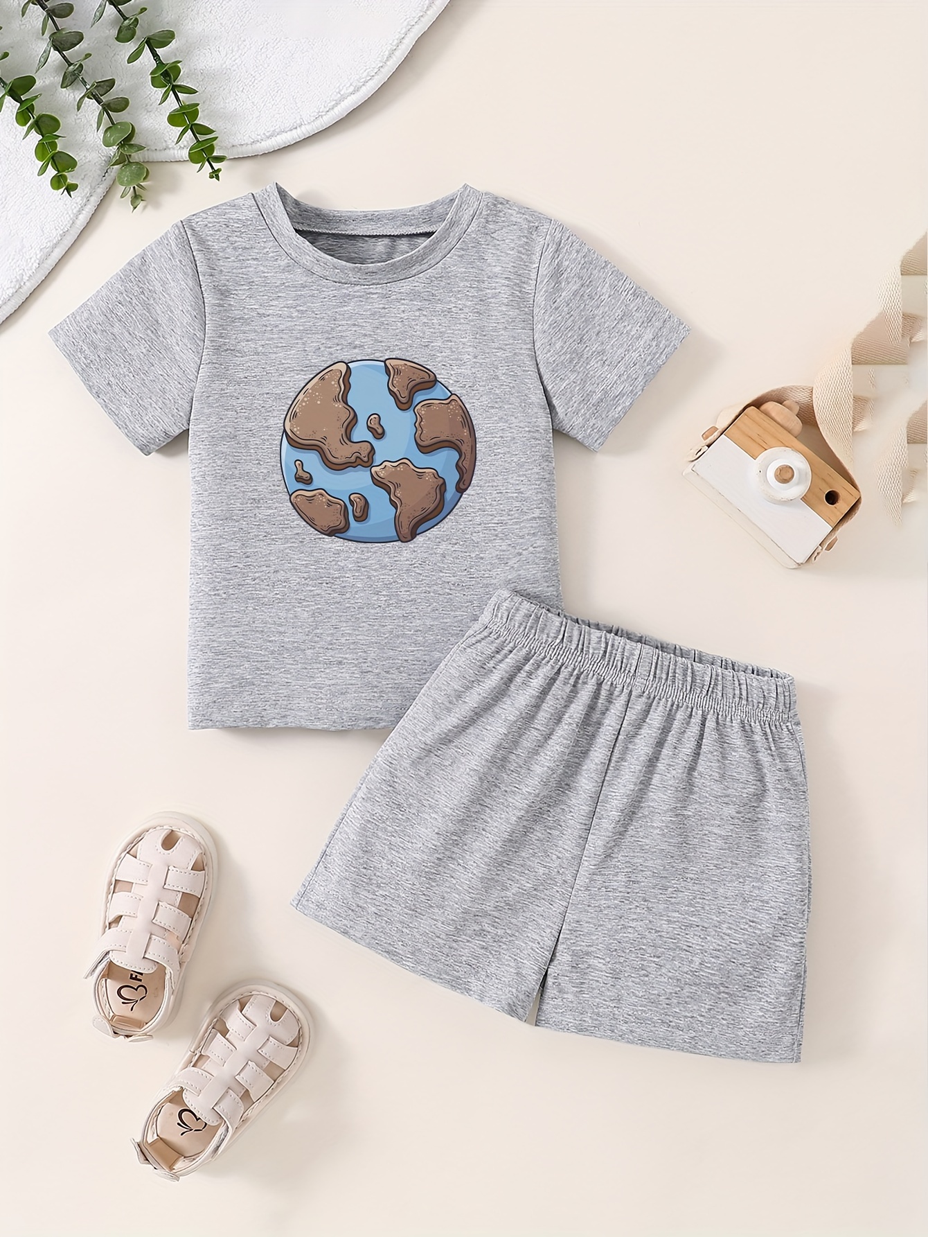 Baby's Cartoon Blue Planet Print Summer Outfit T shirt - Temu