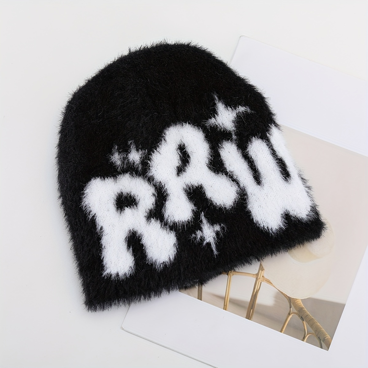 1pc Winter Men's Plush Letter Knitted Hat, Y2K Knit Beanie Hat,Temu
