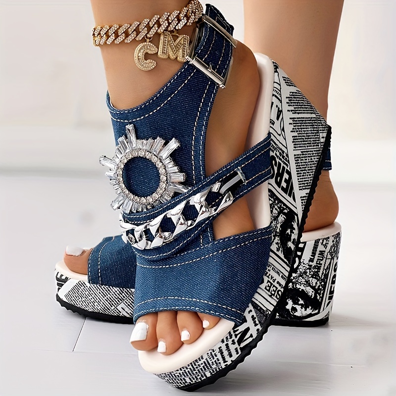 

Sandales à chaîne pour femmes avec décor en strass, bride arrière, bout ouvert, boucle à la cheville, chaussures compensées, sandales à plateforme estivales