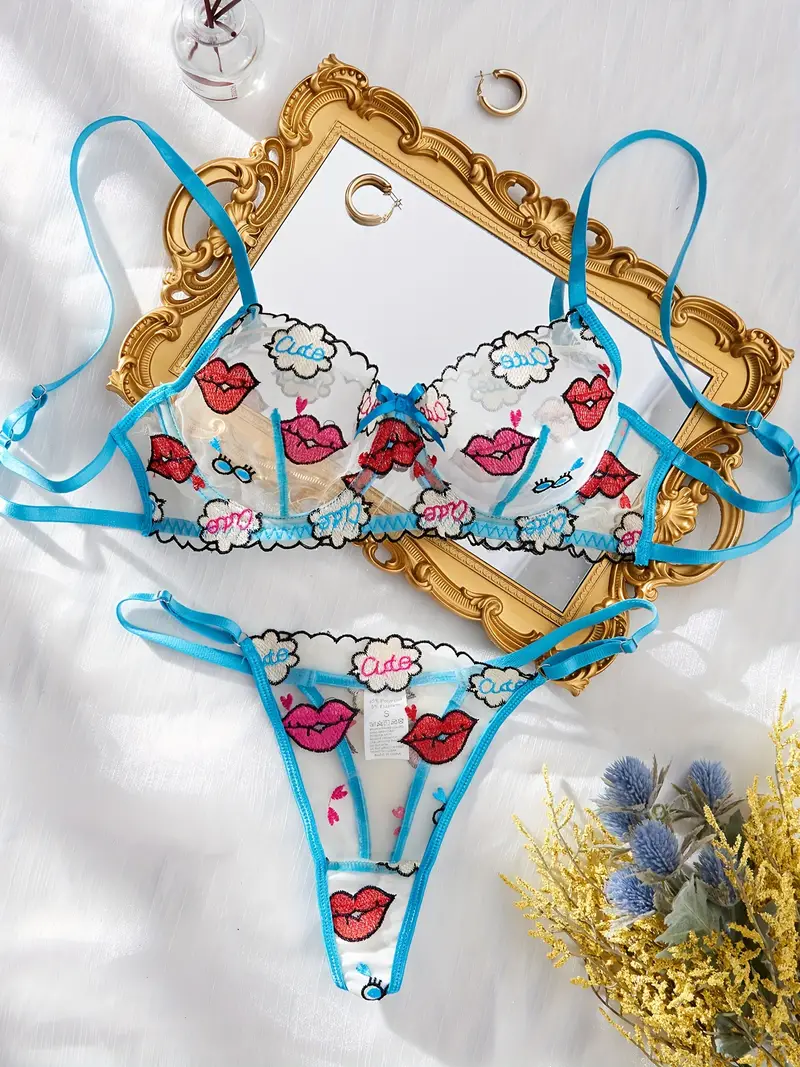 Lips Embroidery Lingerie Set, Sheer Unlined Bra & Mesh Thong, Women's Sexy  Lingerie & Underwear