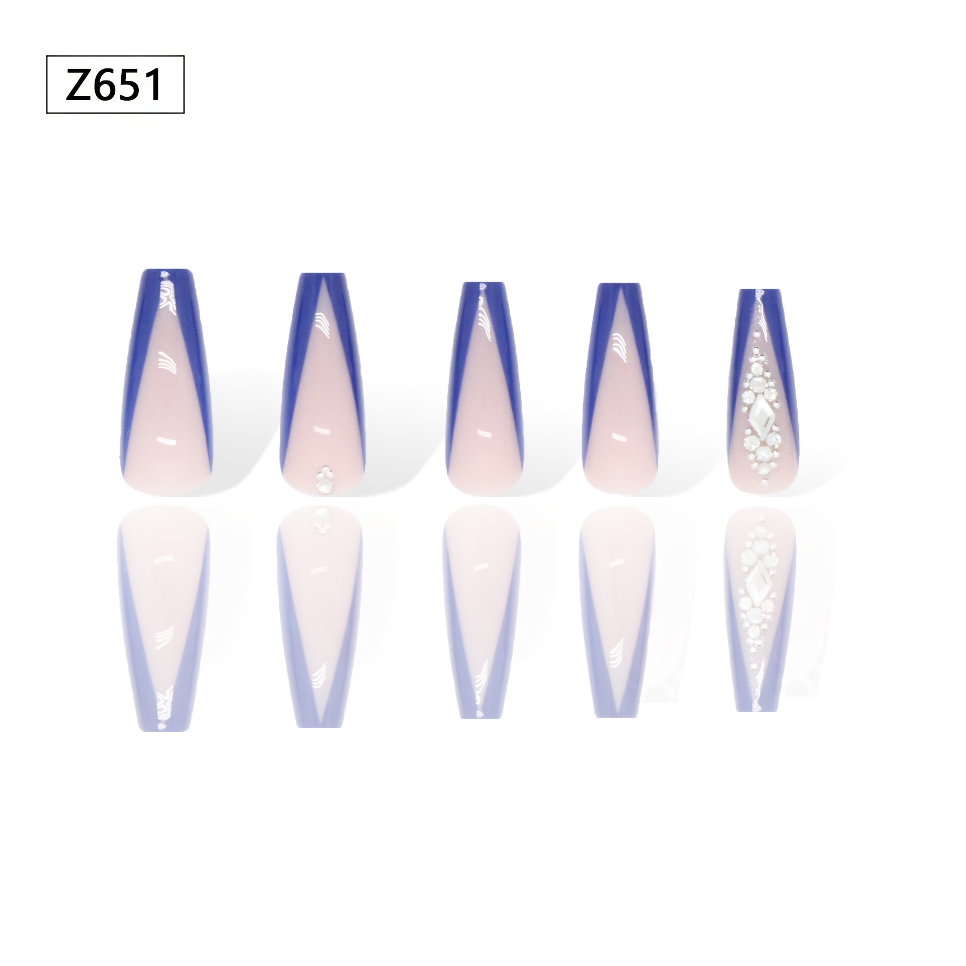 Glossy Blue Coffin Press On Nails With Rhinestones Long - Temu