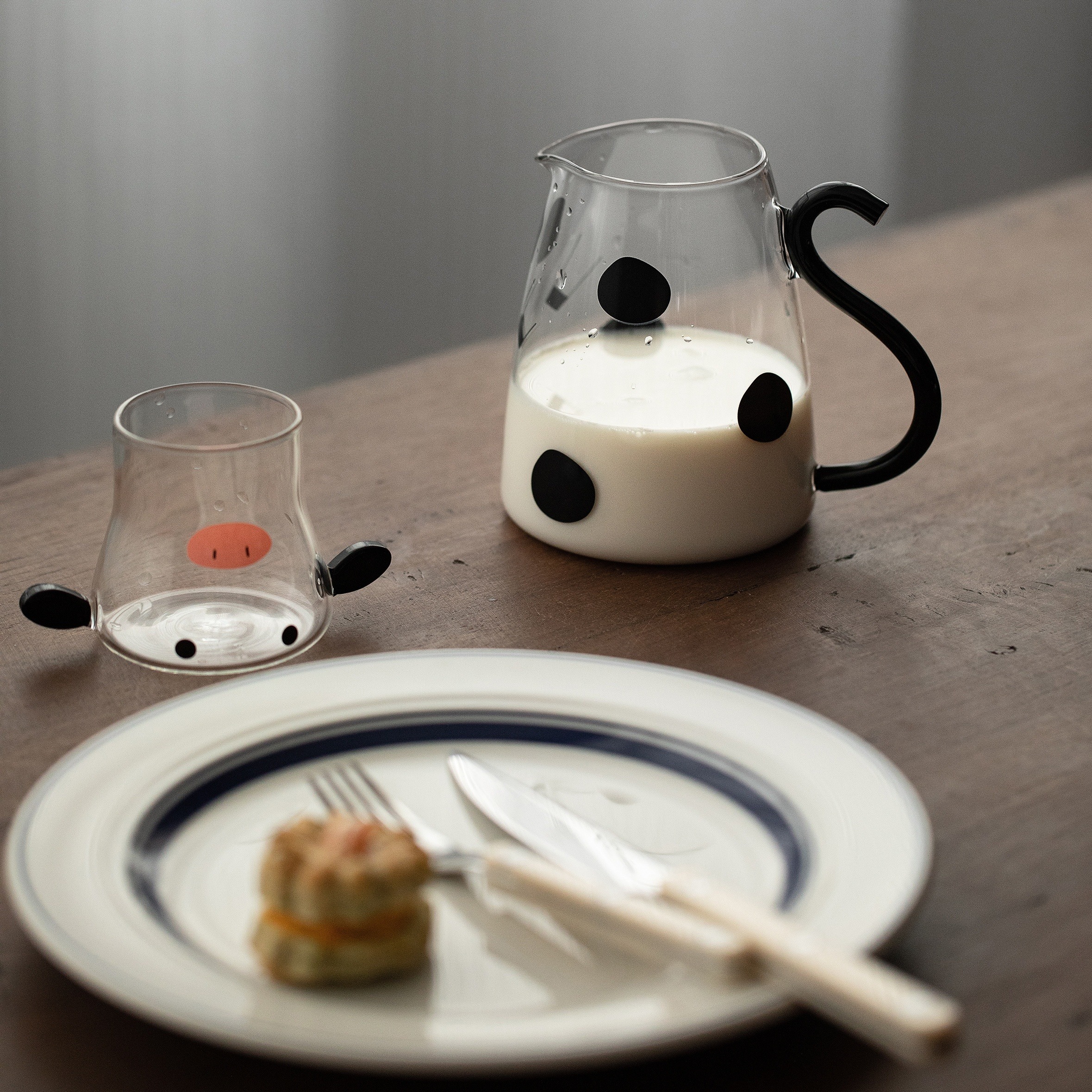 Cartoon Cow Clear Glass Water Carafe Cute Household Glass Milk Pitcher and  Cup Set 