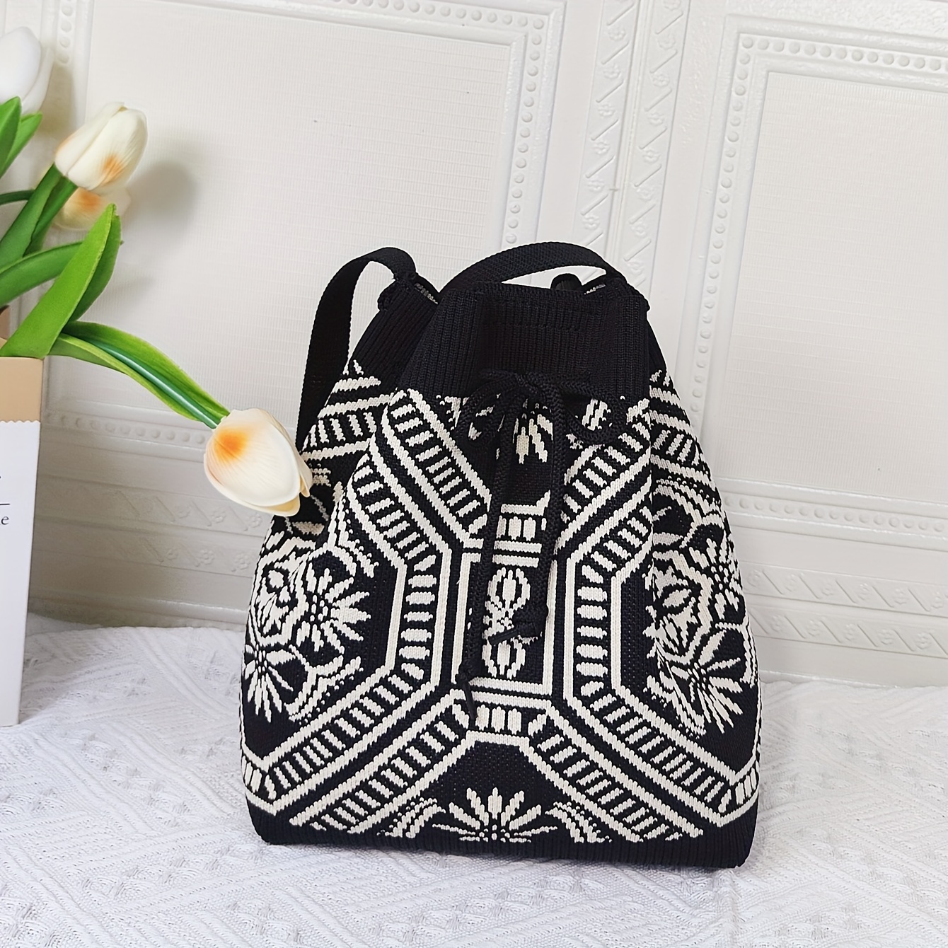 

Classic Geometric Pattern Bucket Bag, Retro Style Shoulder Bag, All-match Versatile Handbag