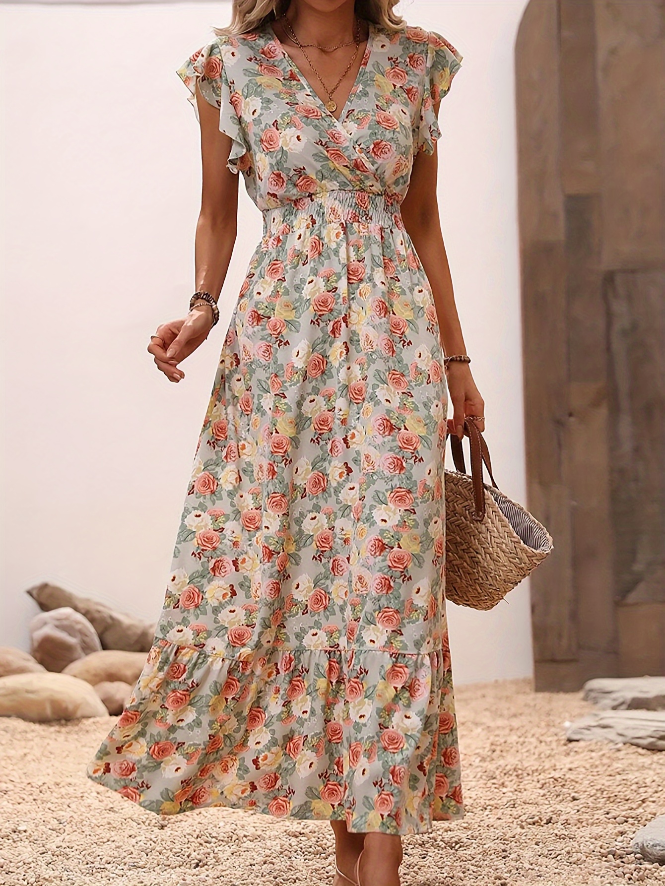 Womens Dresses Summer Casual Square Neck Puff Sleeve A-Line Dress Trendy  High Waist Floral Print Beach Sun Dress