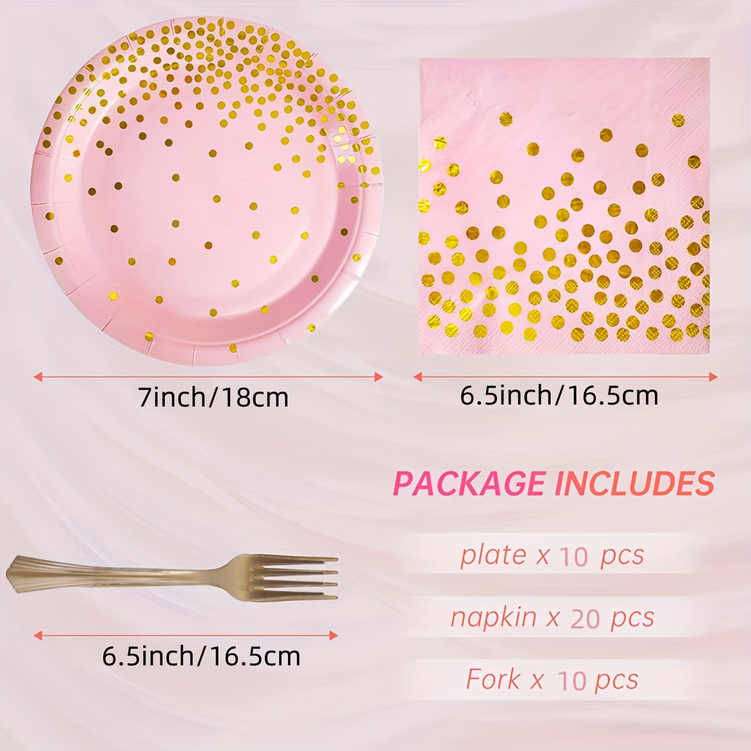 Suministros de fiesta rosa y dorado, juego de vajilla desechable de 350  piezas con platos de papel rosa, servilletas, vasos, tenedores de plástico