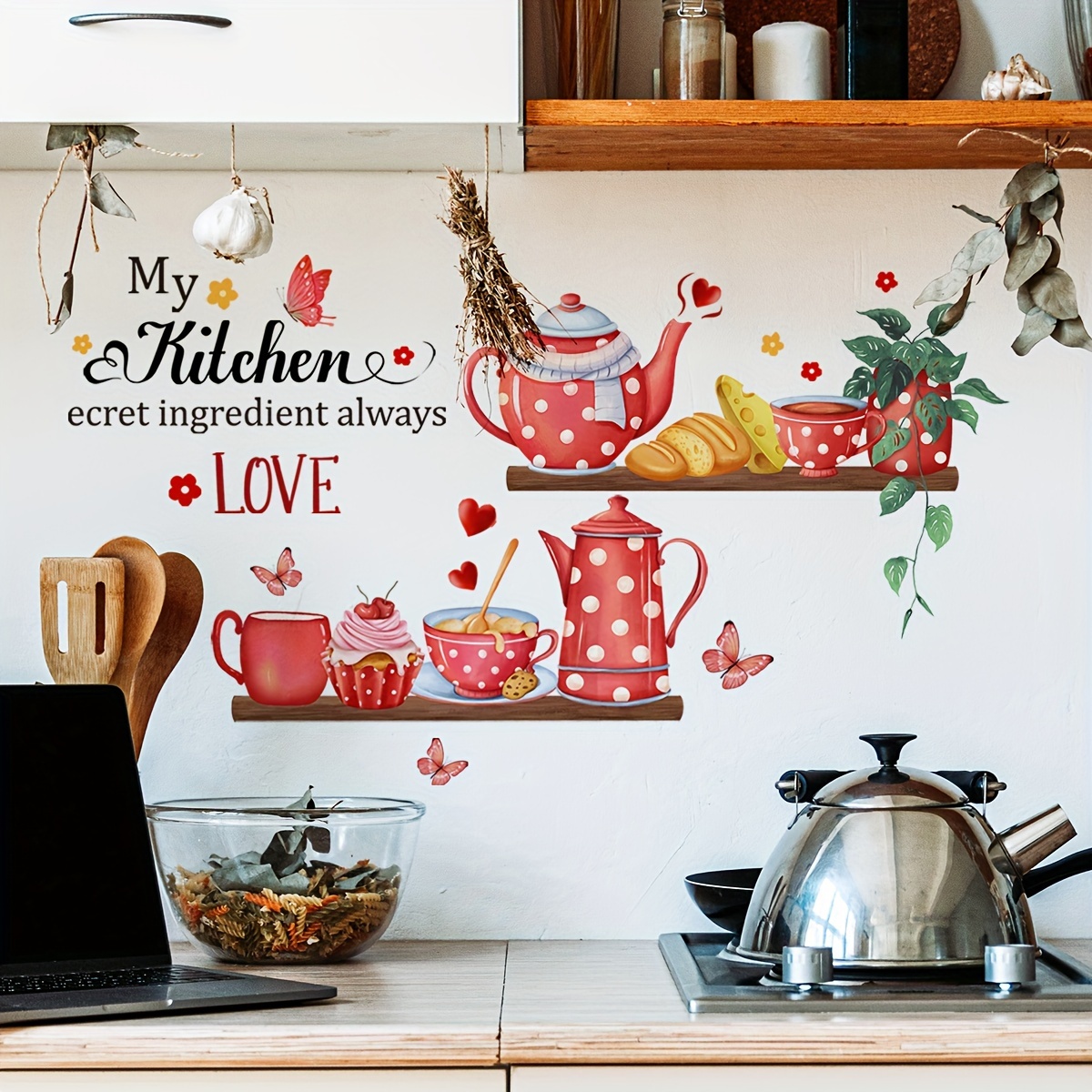 

Set Of 2 Creative Wall Sticker, Teapot Potted Butterfly Pattern Self-adhesive Wall Stickers, Kitchen Home Decoration Wall Stickers, Removable Stickers, Wall Decor Decals