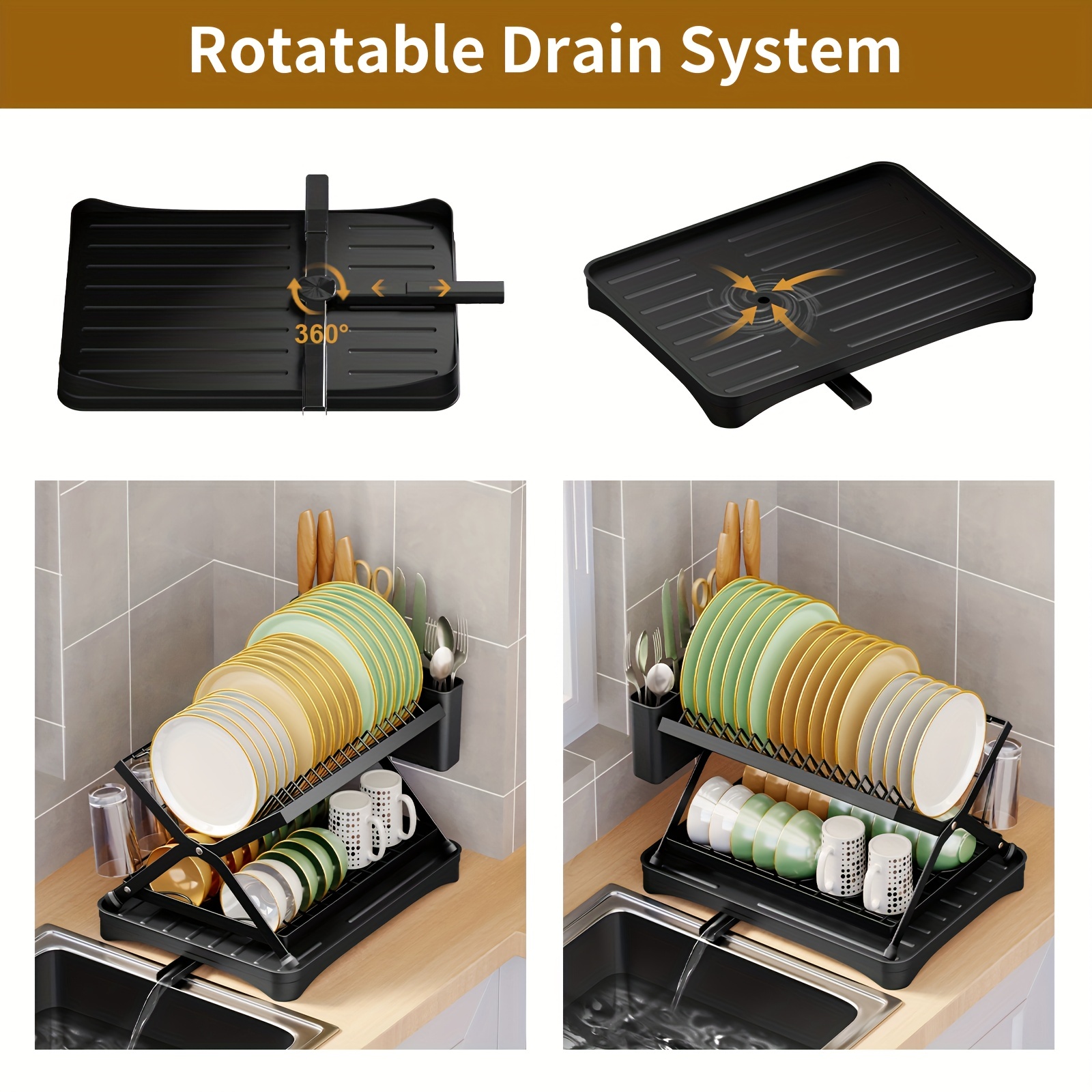 Dish Drainer Drying Rack with Cup Holder Foldable Cutlery Tray