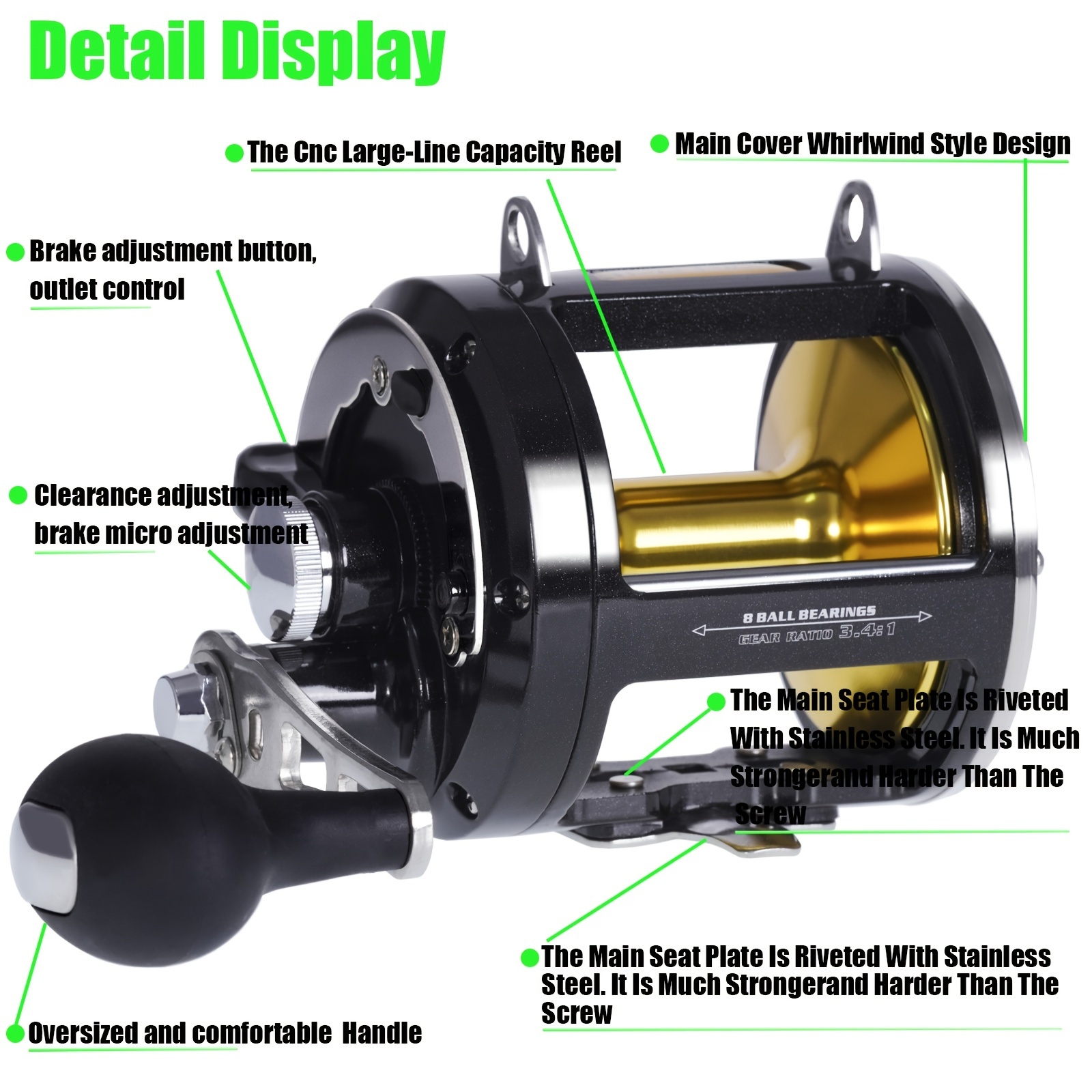 * Aluminum Alloy Right Hand Fishing Reel, Drag 30kg/66.14lb 3.4:1 Gear  Ratio Fishing Reel, Fishing Accessories For Saltwater