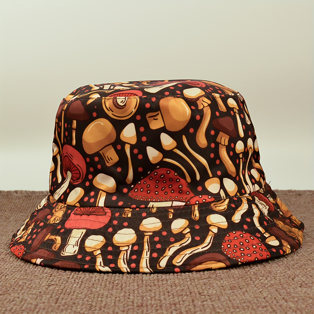 Image of Mushroom Print Magical Outdoor Unisex Couple's Bucket Hat, Essential For Hiking