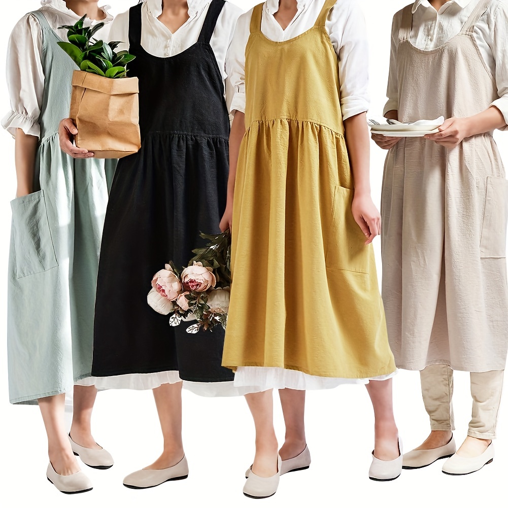 Pinafore - Delantal japonés, de algodón y lino, con espalda cruzada para  mujer, con bolsillos, vestido con lazos en la cintura, Rosado