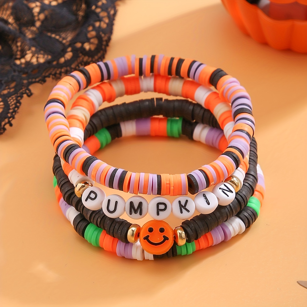 Colorful Soft Clay Beads Beaded Bracelet Set Gothic Stretch Hand Jewelry Multi Layers Halloween Decoration Gift,Temu