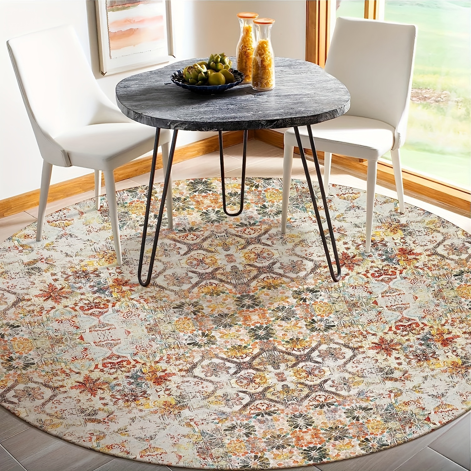 1pc Boho Kitchen Rug, Round Soft Carpet Mat, TPR Non-slip Backing Rugs Mat,  Area Rugs For Living Room, Throw Bedroom Rug, Floral Print Dinning Room Ru