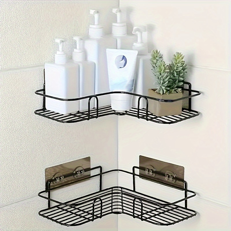 2pcs Punch-free Shower Corner Caddy, Toilet Corner Shelf, Toiletry Rack,  Washroom Triangle Storage Rack, Wall Mounted Storage Rack For Bathroom
