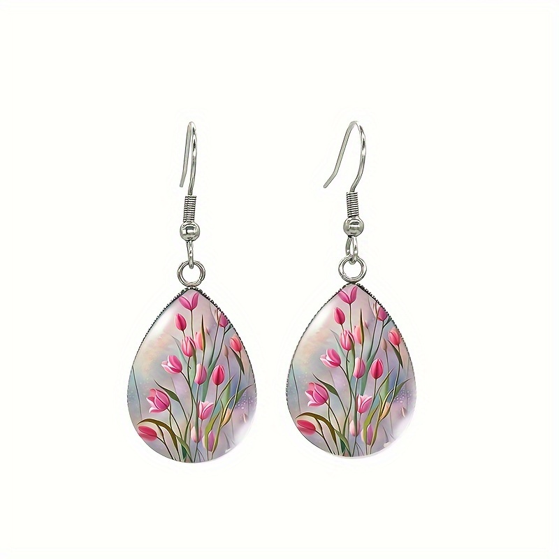 TEMU A Pair Of Trendy Multicolored Tulip Oil Painting Water Drop Glass Earrings For Men With Hooks