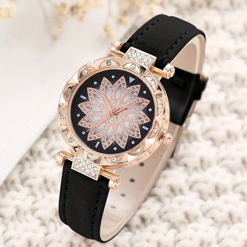 1pcのラインストーン装飾クォーツ時計ラウンドポインターフラワー装飾アナログ電子腕時計＆5pcsブレスレット、彼女のための最高の贈り物