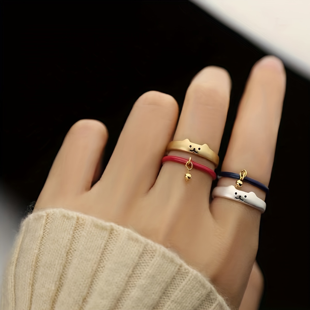 

2pcs Fashion Cute Cat Bell Stacking Ring Open Ring, Finger Ring Christmas Gift