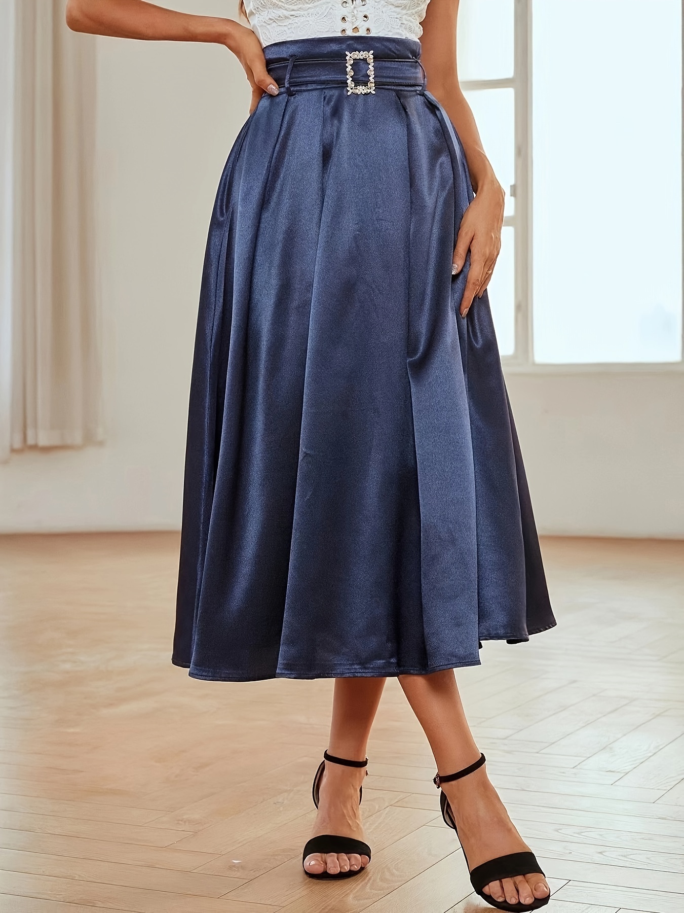 Pleated Satin Swing Midi Skirts Elegant Solid High Waist Temu