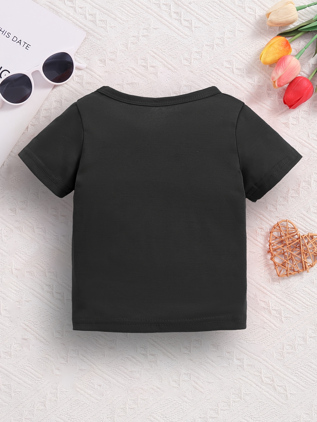 Camiseta De Manga Corta Elástica Y Casual De Color Liso * Para Bebé Niña