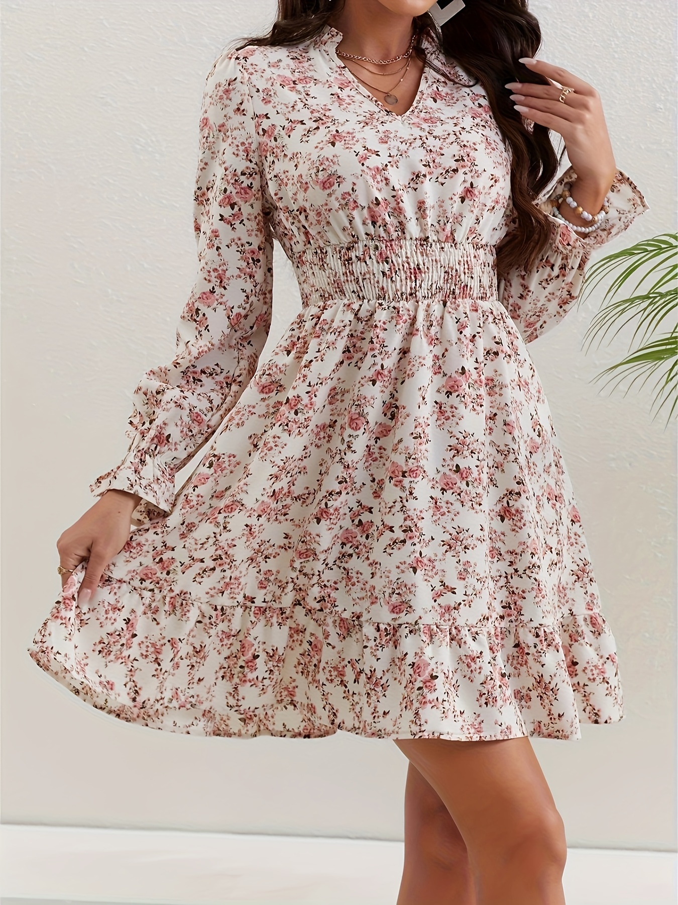 Floral Print Shirred Waist Dress, Vacation V Neck Long Sleeve Dress,  Women's Clothing