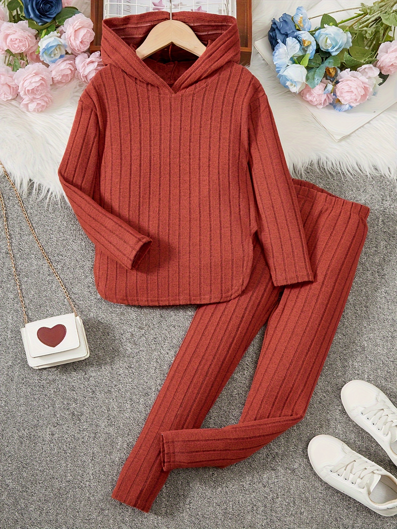 Casual Girls Two Pieces Sets Hoodies Leggings Ribbed Knit - Temu