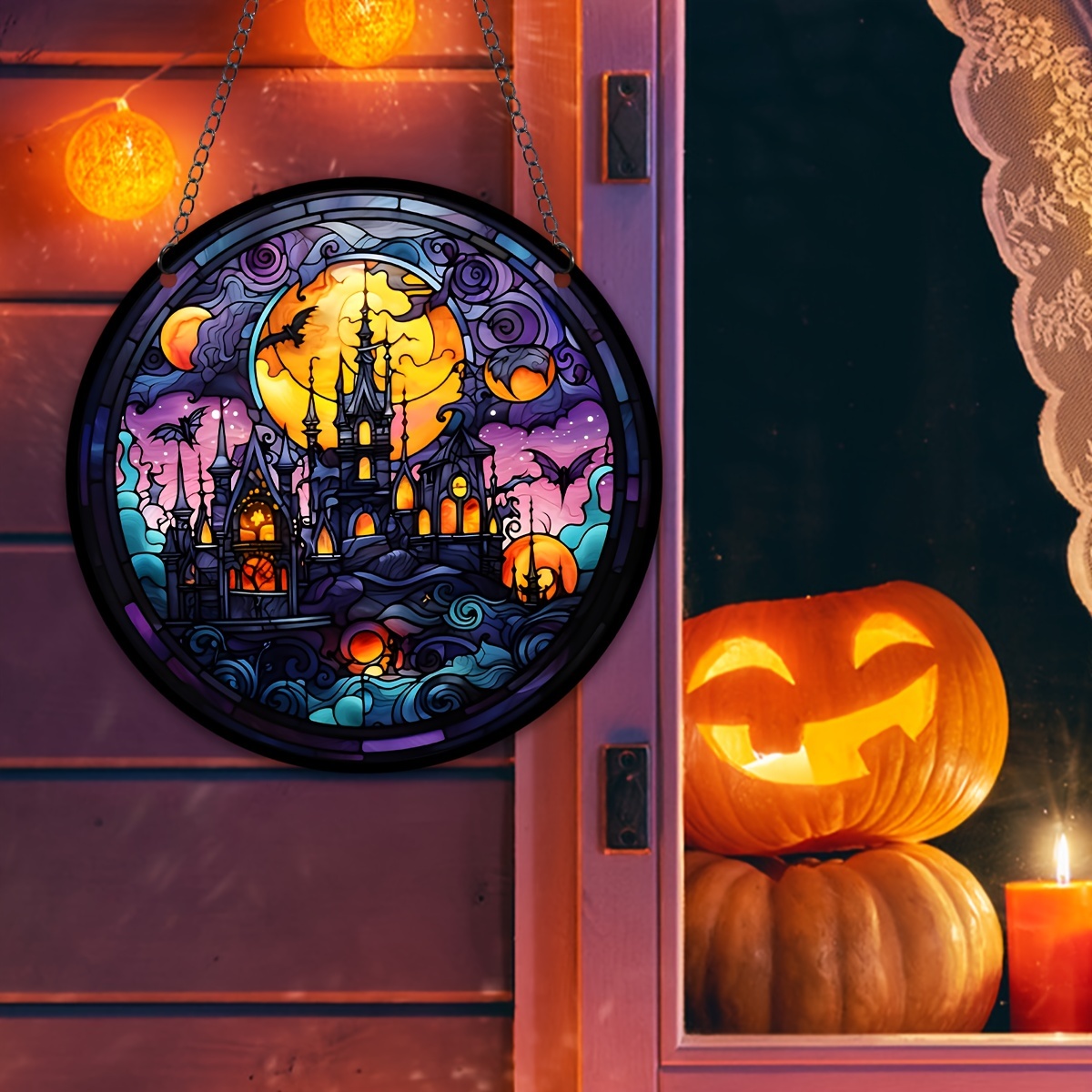 1pc halloween moon castles stained suncatcher halloween window hanging fall decor home decor party gifts for halloween wreath sign details 0