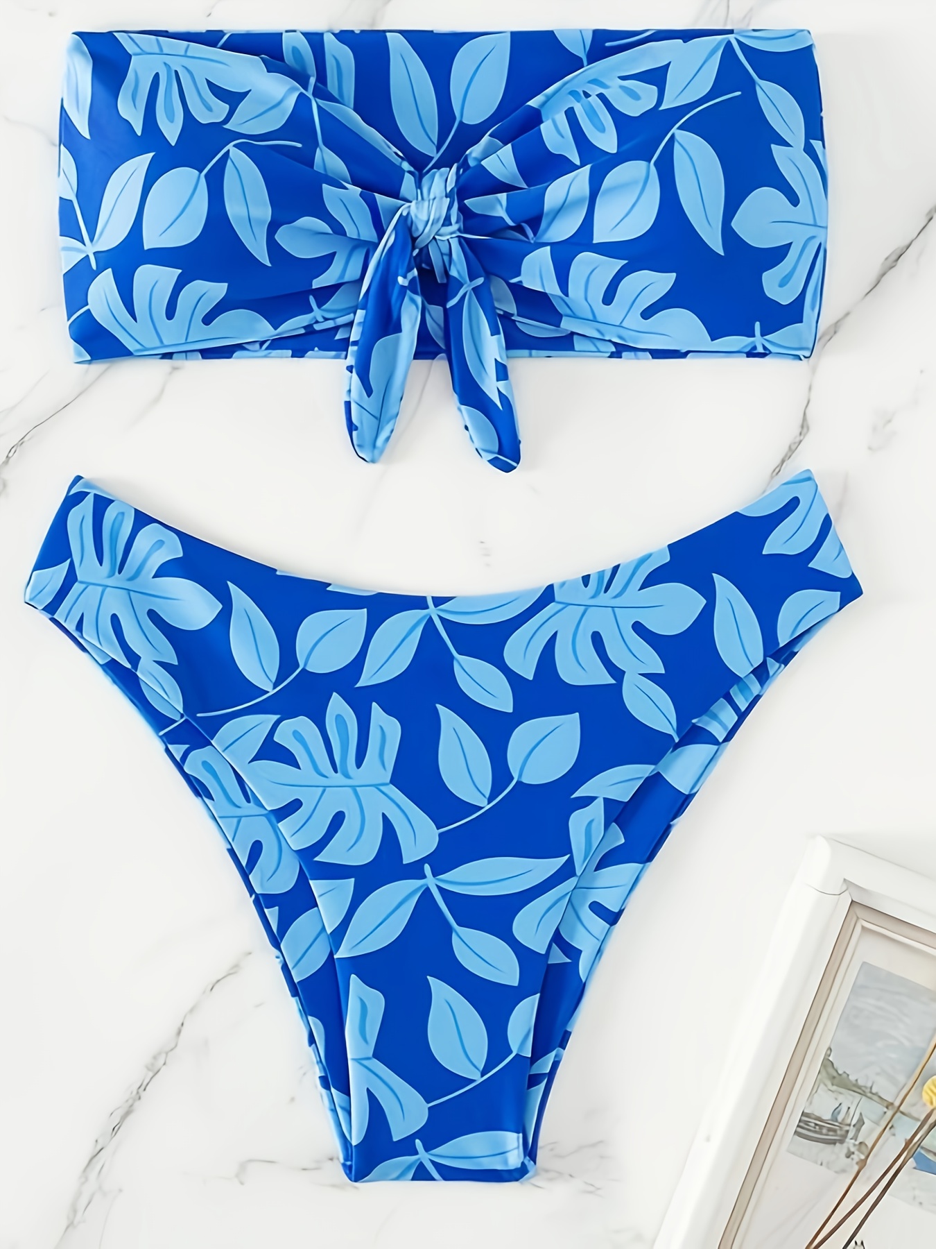 Floral Print Whip Stitch Bandeau Bikini Blue High - Temu