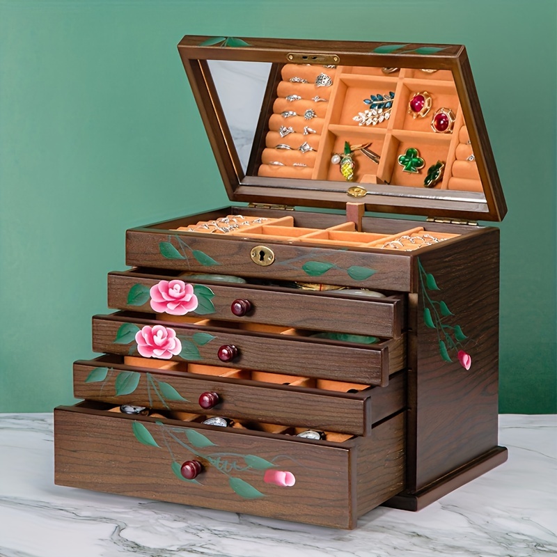 Organizador de joyas, caja de joyería de ratán, caja organizadora de joyas  de madera de 5 capas con espejo, cajas de joyería con 4 cajones para