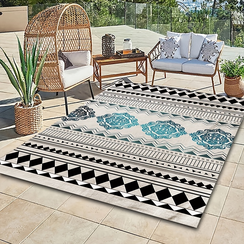 1PC Blue Flower Pattern Area Rug Boho Geometric Pattern Carpet, Easy To  Clean, Outdoor Carpet, Picnic Mat, Suitable For Decks, Backyards, Terraces  Aes