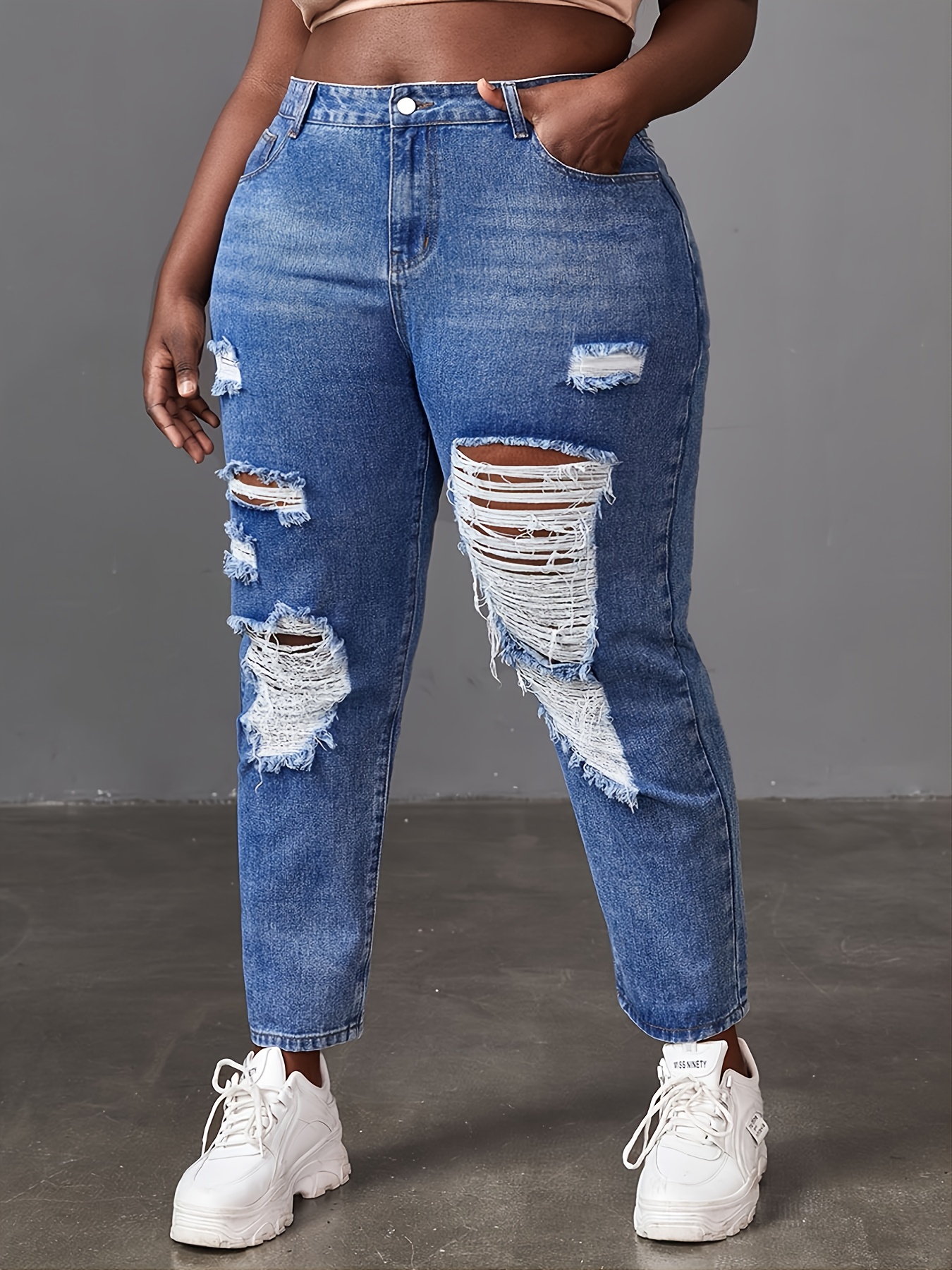 Plus Size Retro High Waisted Ripped Jeans, Women Solid Color Casual Denim  Jeans