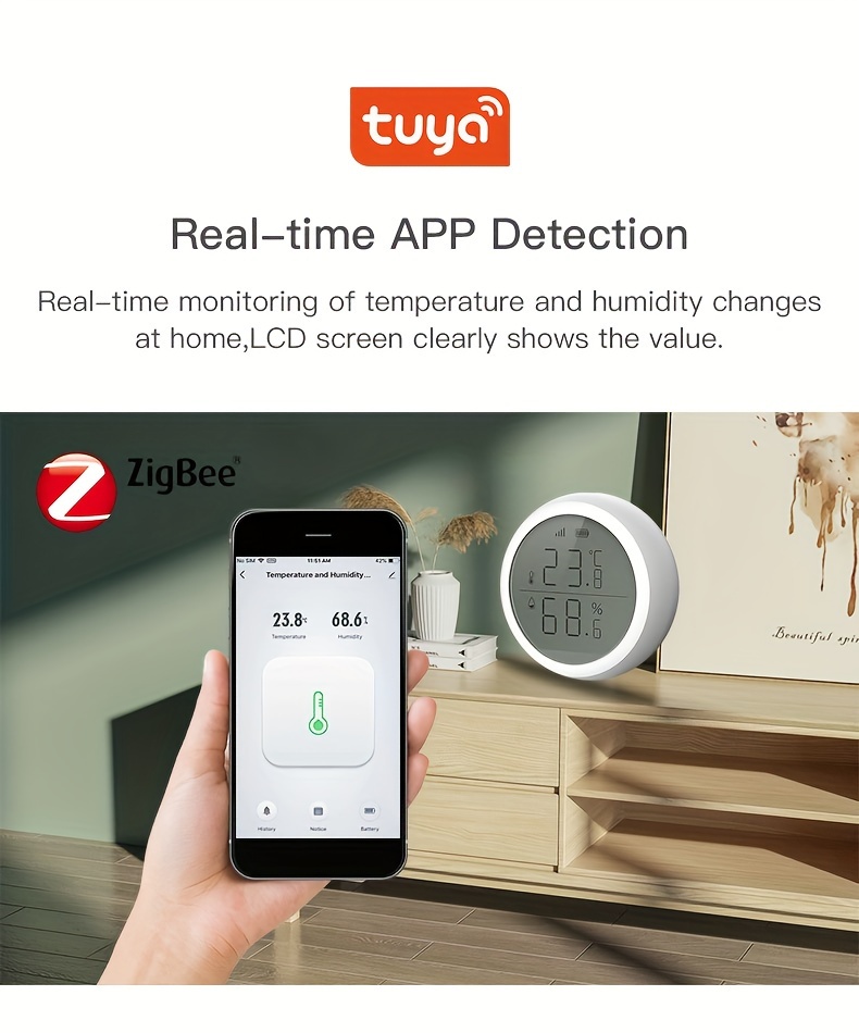 Tuya Real Time Zigbee Temperature And Humidity Sensor Work - Temu