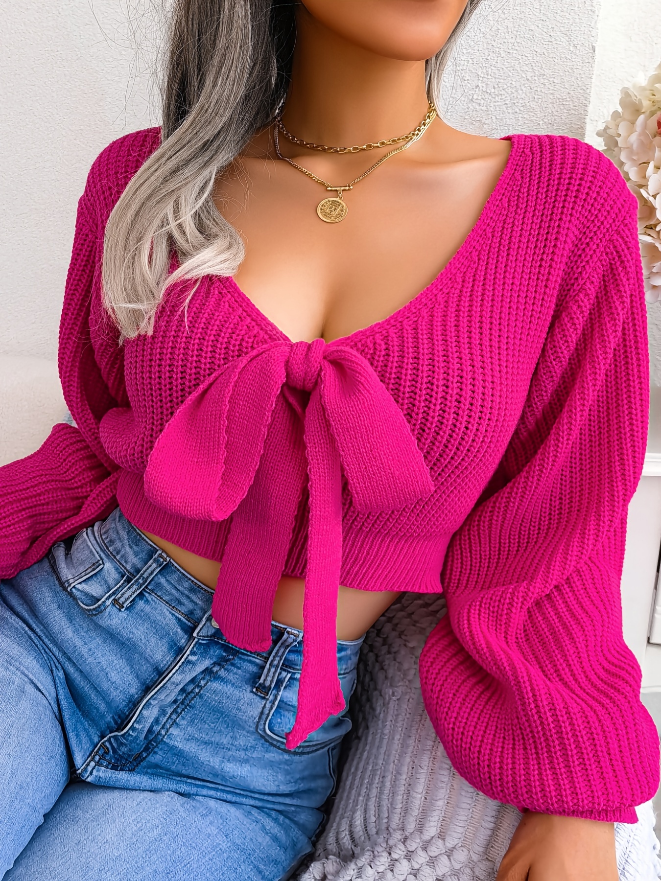 Bowknot V Neck Cropped Sweater Casual Lantern Long Sleeve - Temu Canada