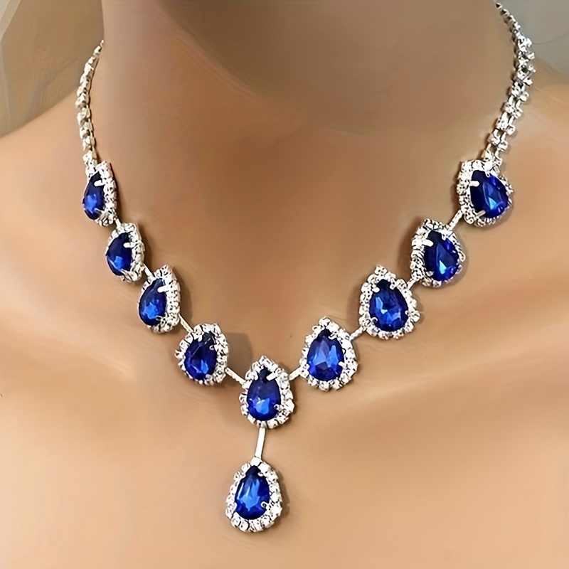 Inlaid Blue Water Drop Rhinestone Pendant Chain Necklace Temu