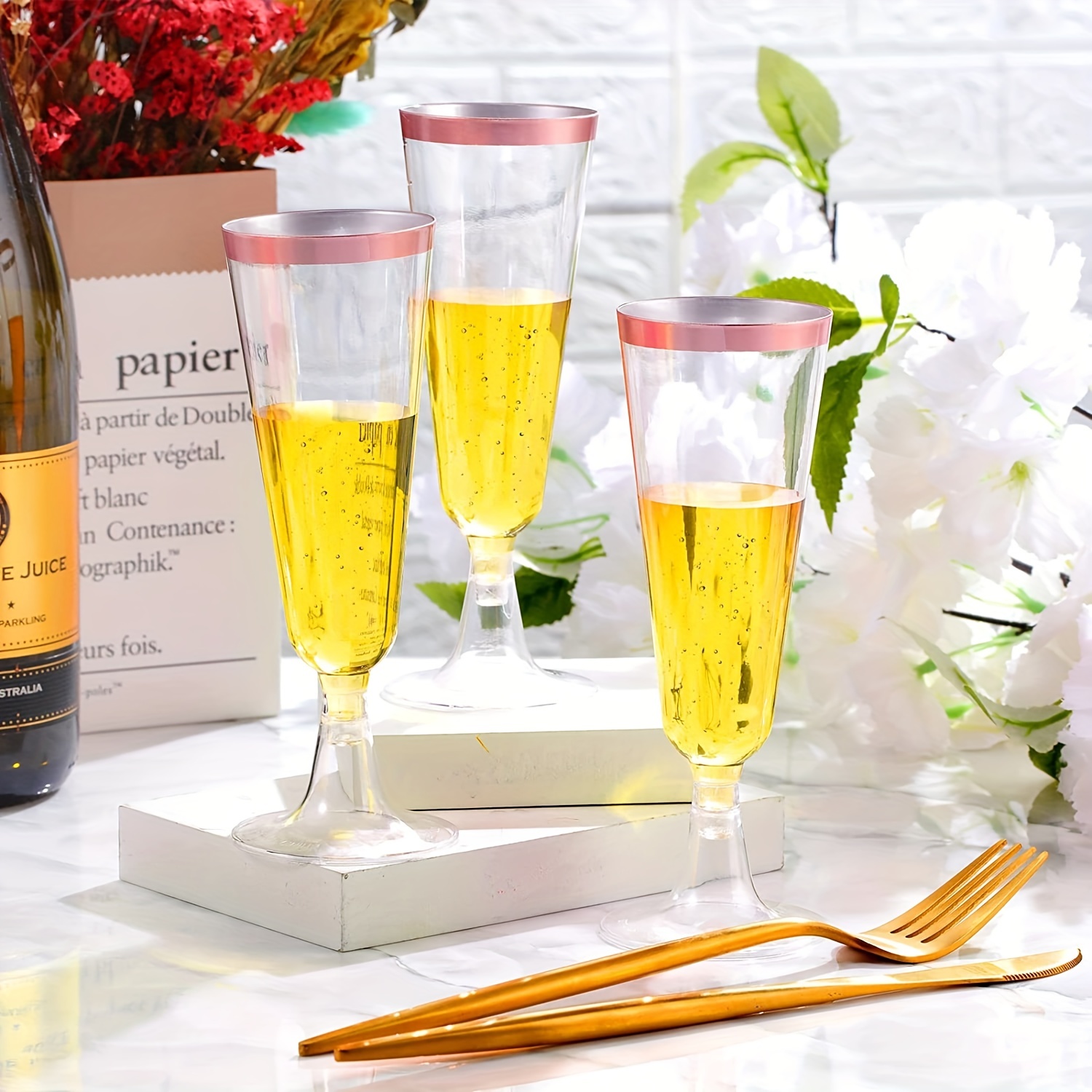 Plastic Champagne Flutes, Stemless Disposable Golden Rim Tasting