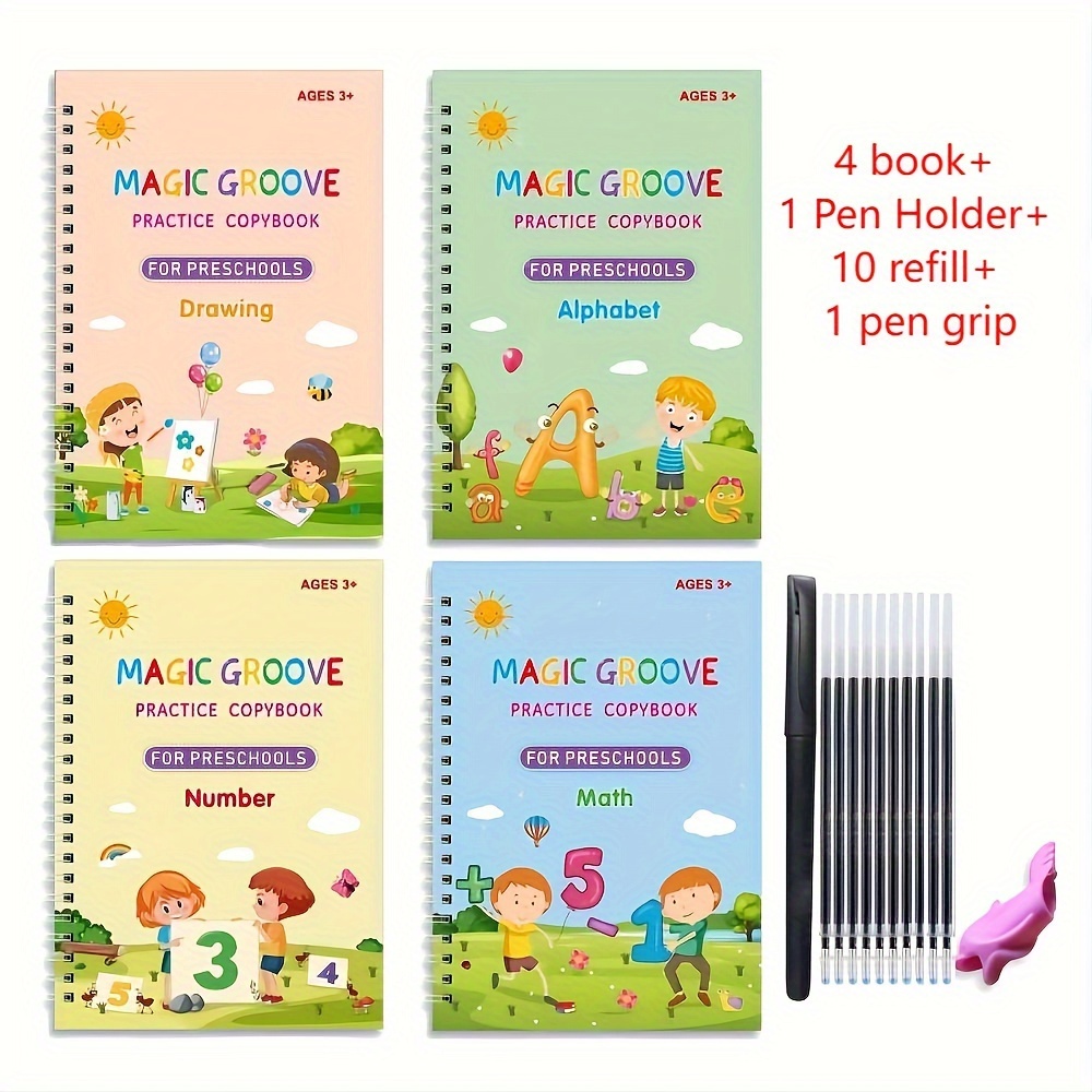 4 Books+ 1 Pen+6 Refills+1 Pen Grip Set Magic Groovd - Temu