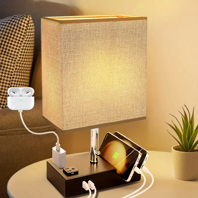 1pc 3-Color Temperature Bedside Lamp, Nightstand Lamp Table Lamp, Desk Lamp With 2 USB And AC Outlet, Bedside Phone Stands For Bedroom, Living Room, Office, LED Bulb Included details 4