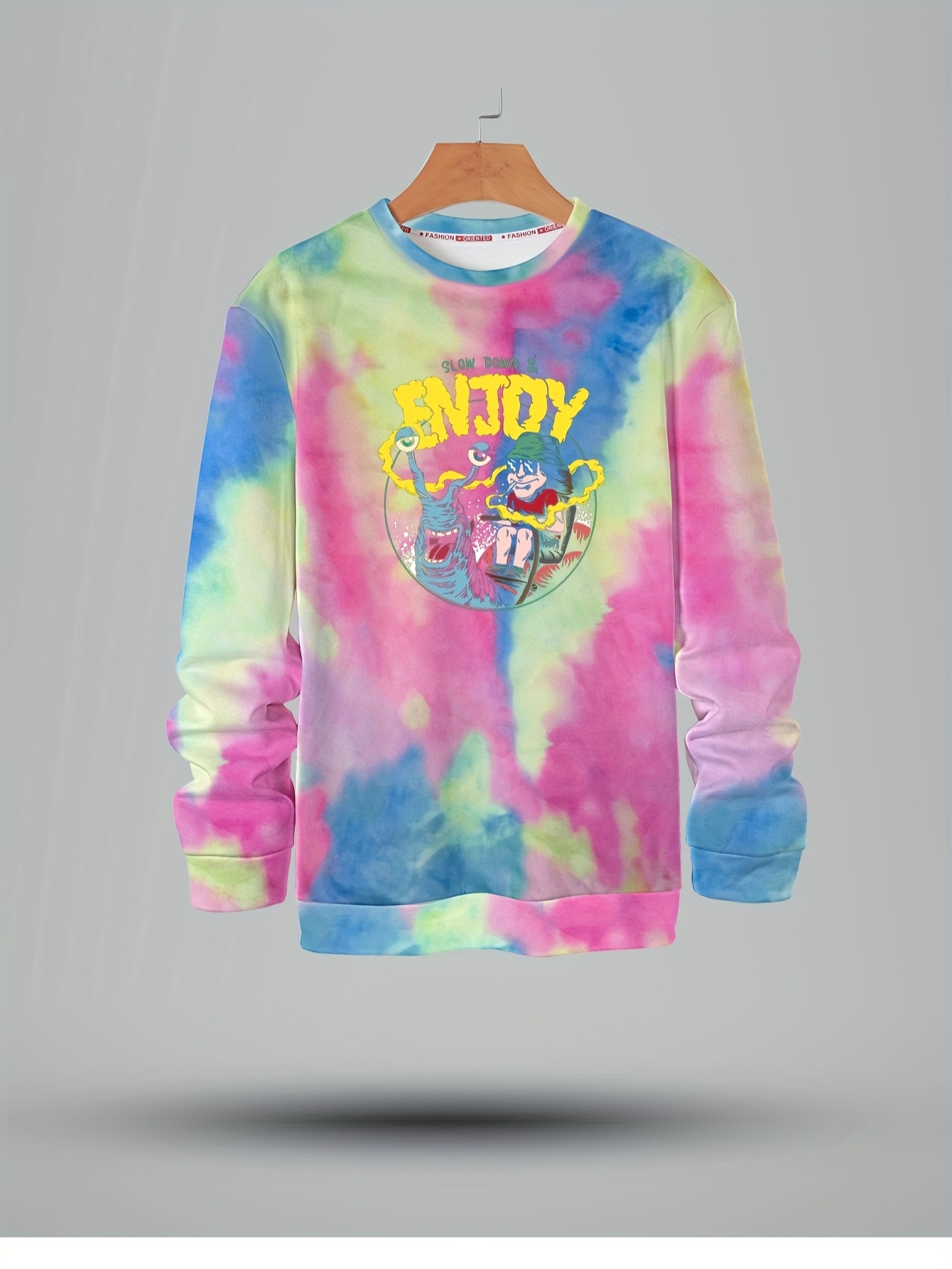 slow Down & Enjoy'' Cartoon Print Men's Tie Dye Round Neck