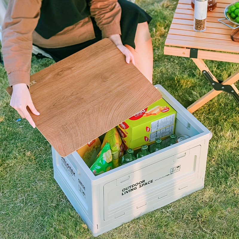 Outdoor Camping Folding Storage Box With Wooden Lid Picnic - Temu