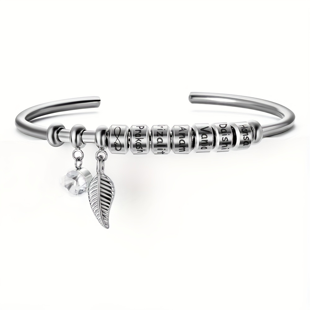 Leaf Shaped Stainless Steel Cuff Bangle with Names