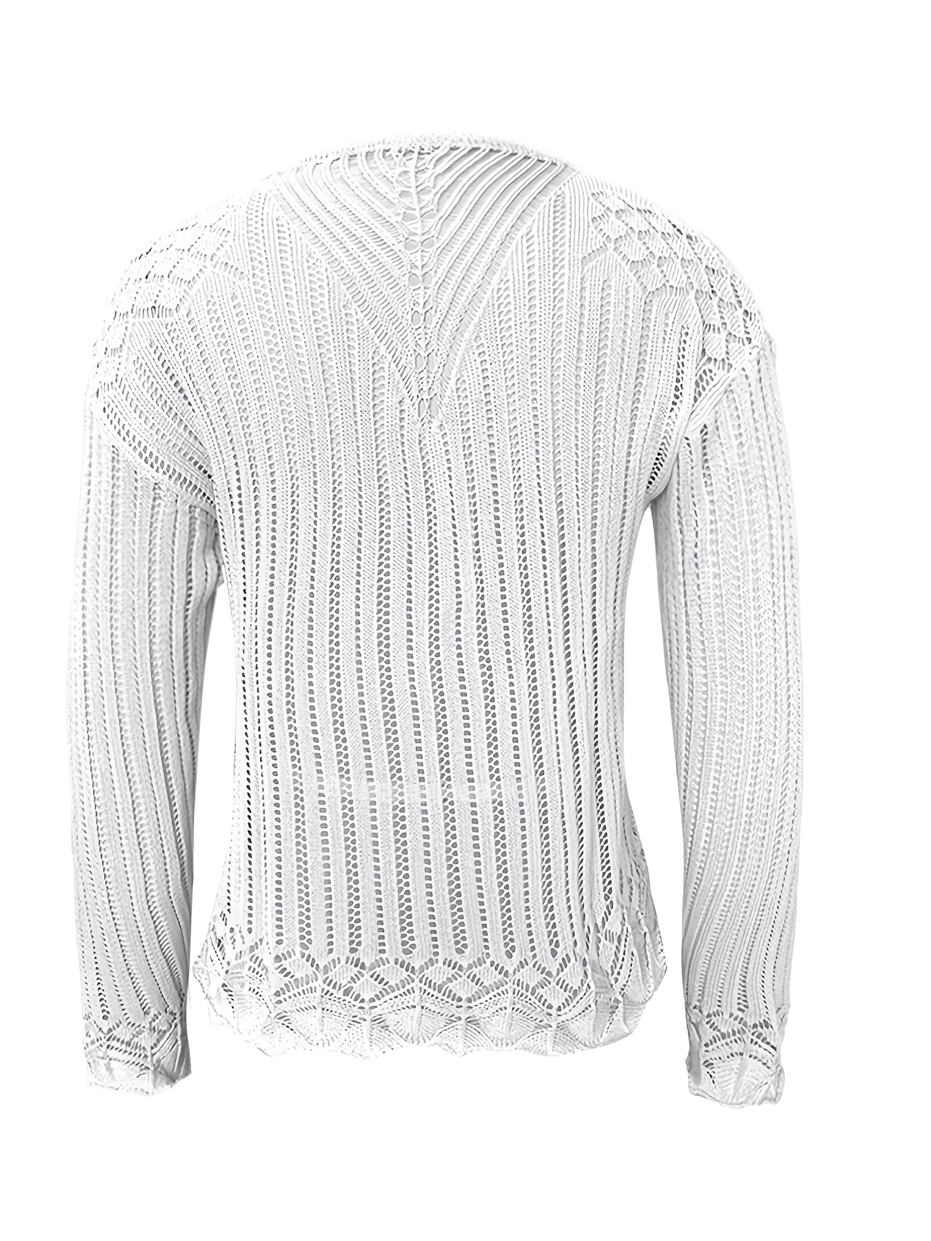 V Neck Hollow Beach Shirt Solid Long Sleeves Crochet Top Women's Swimwear