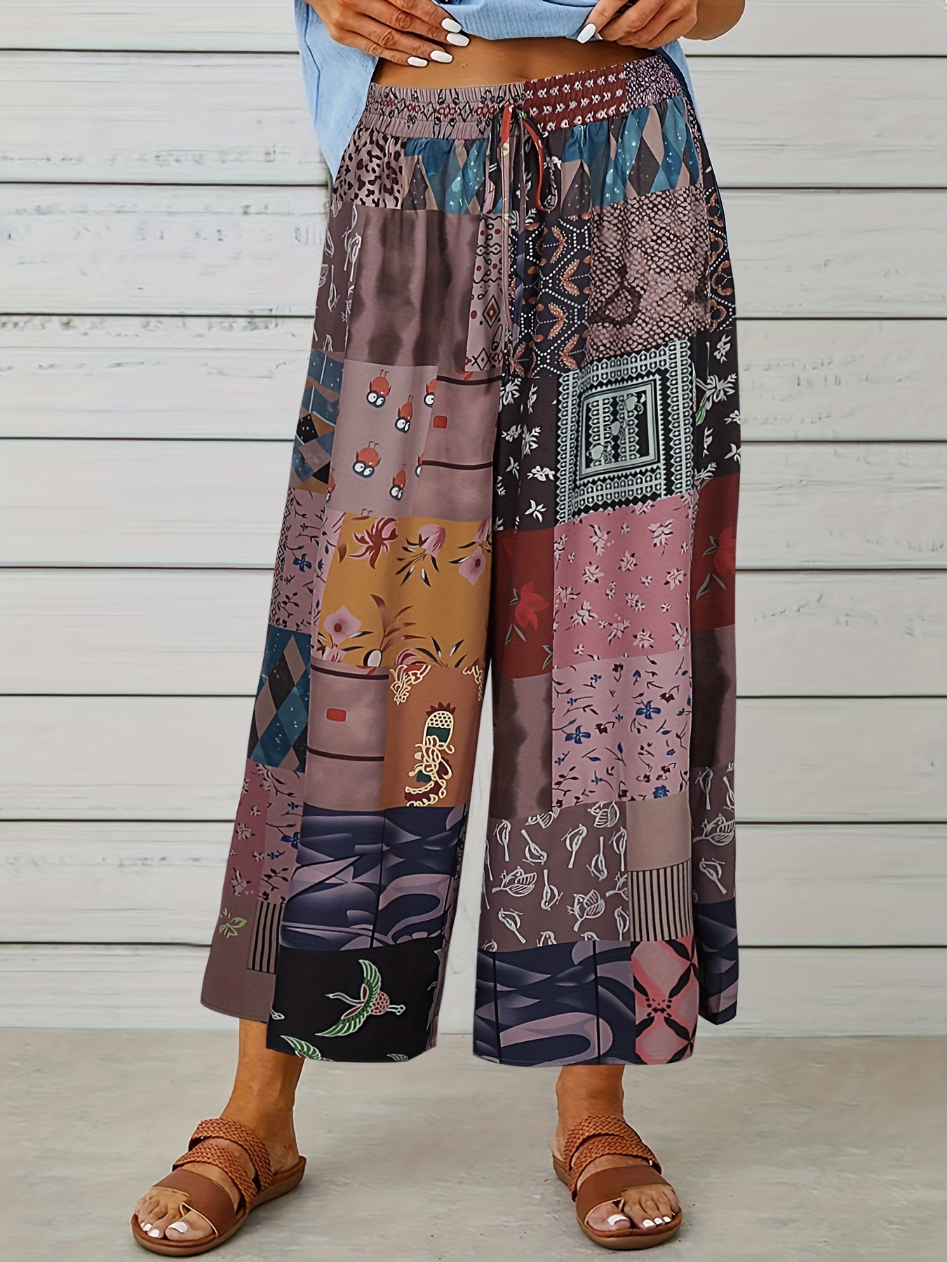 Plus Size Boho Pants Women's Plus Colorblock Paisley Print - Temu