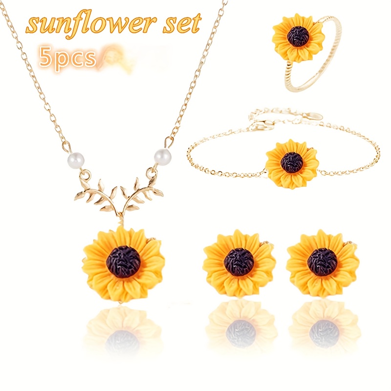 

Sunflower Leaf Branch Pendant Necklace & Earrings & Bracelet & Ring Jewelry Set For Women Jewelry Accessories Sunflower Jewelry Gifts