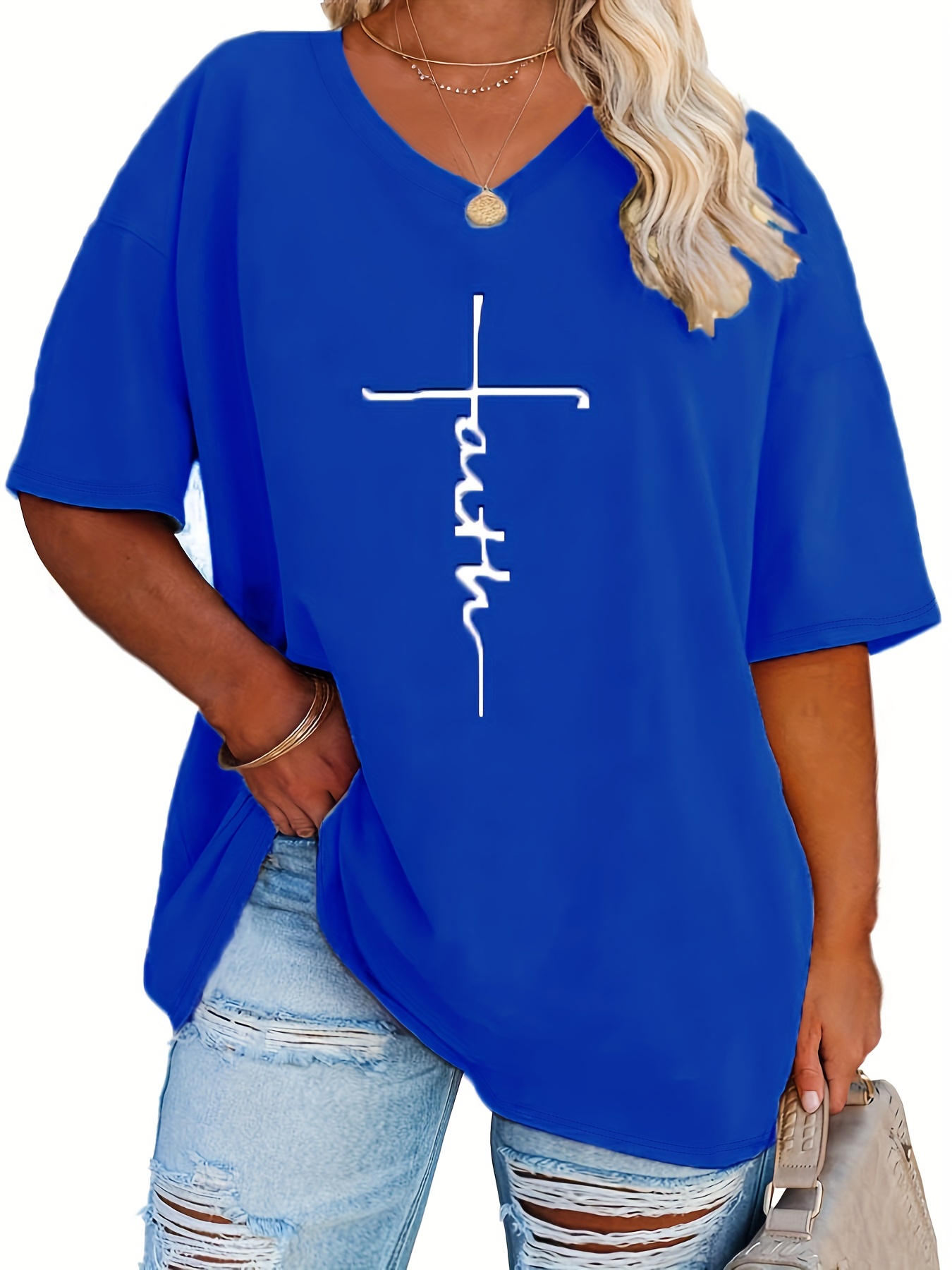 Plus Size - Women'S Plus Size V-Neck Casual T-Shirt - Short Sleeve, White with Black Letter Print, Lightweight Summer Tee for Casual Attire, Ladies T Shirts