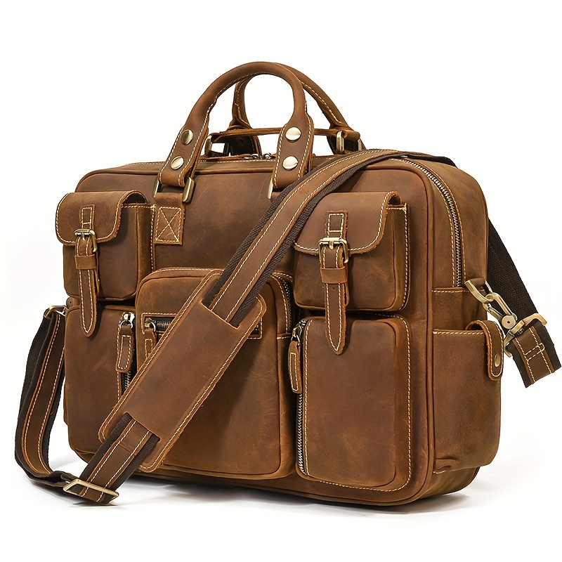 Vintage Genuine Leather Men Briefcase Laptop Bag Work - Temu