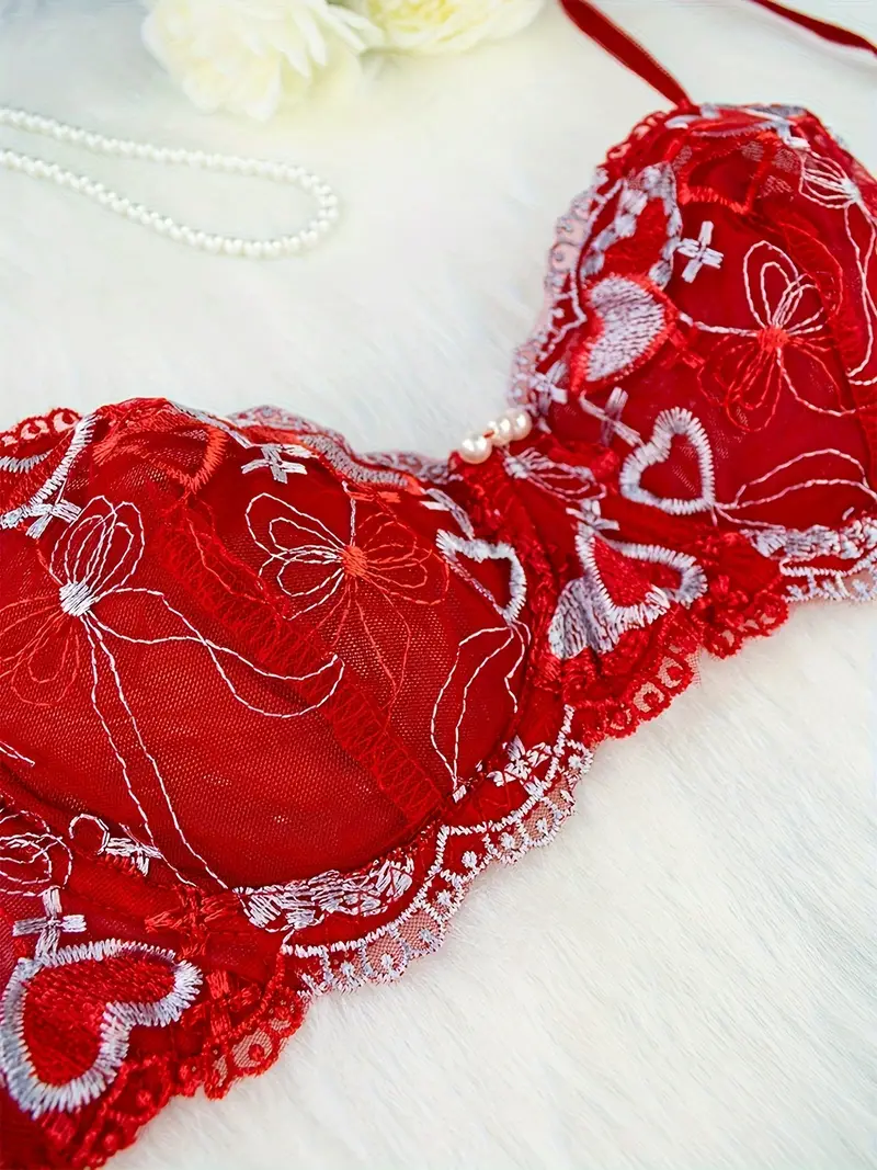 Heart Embroidery Lingerie Set Colorblock Bra Thong Women's - Temu Canada
