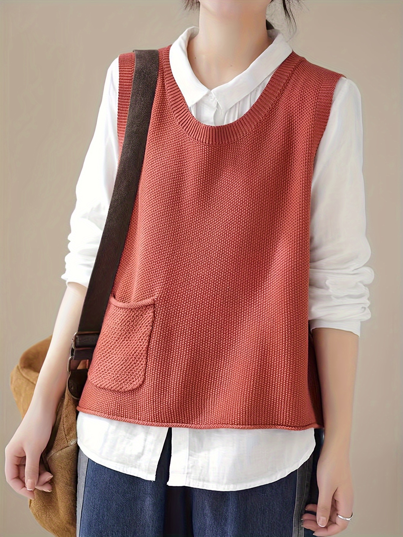 Solid Crew Neck Knitted Vest Casual Sleeveless Loose Sweater - Temu Canada