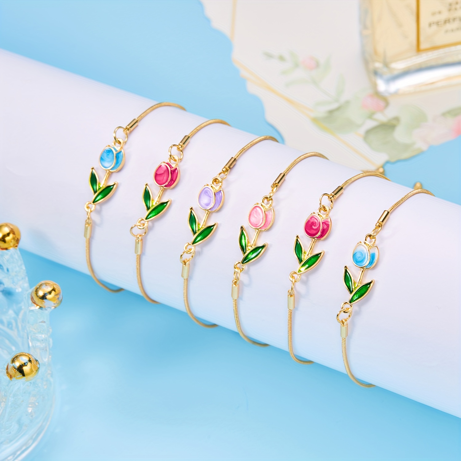 1 pieza, estilo elegante y lindo, pulsera de tulipán con goteo de aceite colorido, cadena de cierre de langosta creativa de moda para uso diario y fiesta, regalo ideal para damas.