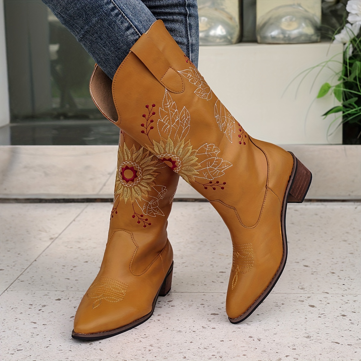 WOMENS COWGIRL Cowboy Square Toe Leather Sunflower Embroidered