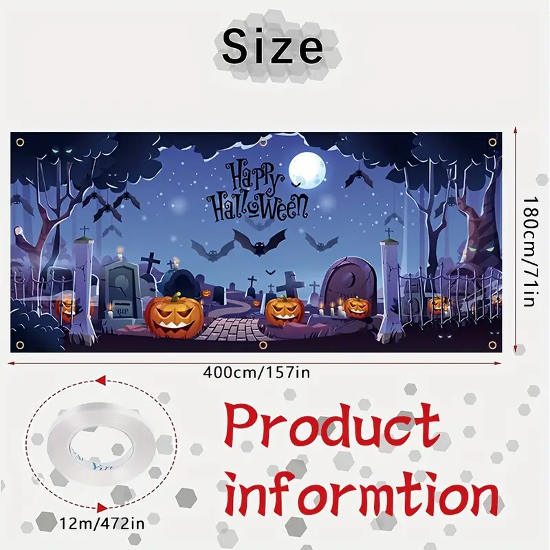 1pcs happy halloween garage banner 157in 71in 400cm 180cm scary graveyard pumpkin pattern garage door decoration polyester with holes with rope hanging cloth mural door decoration for indoor outdoor yard holiday party backdrop arrangement details 0