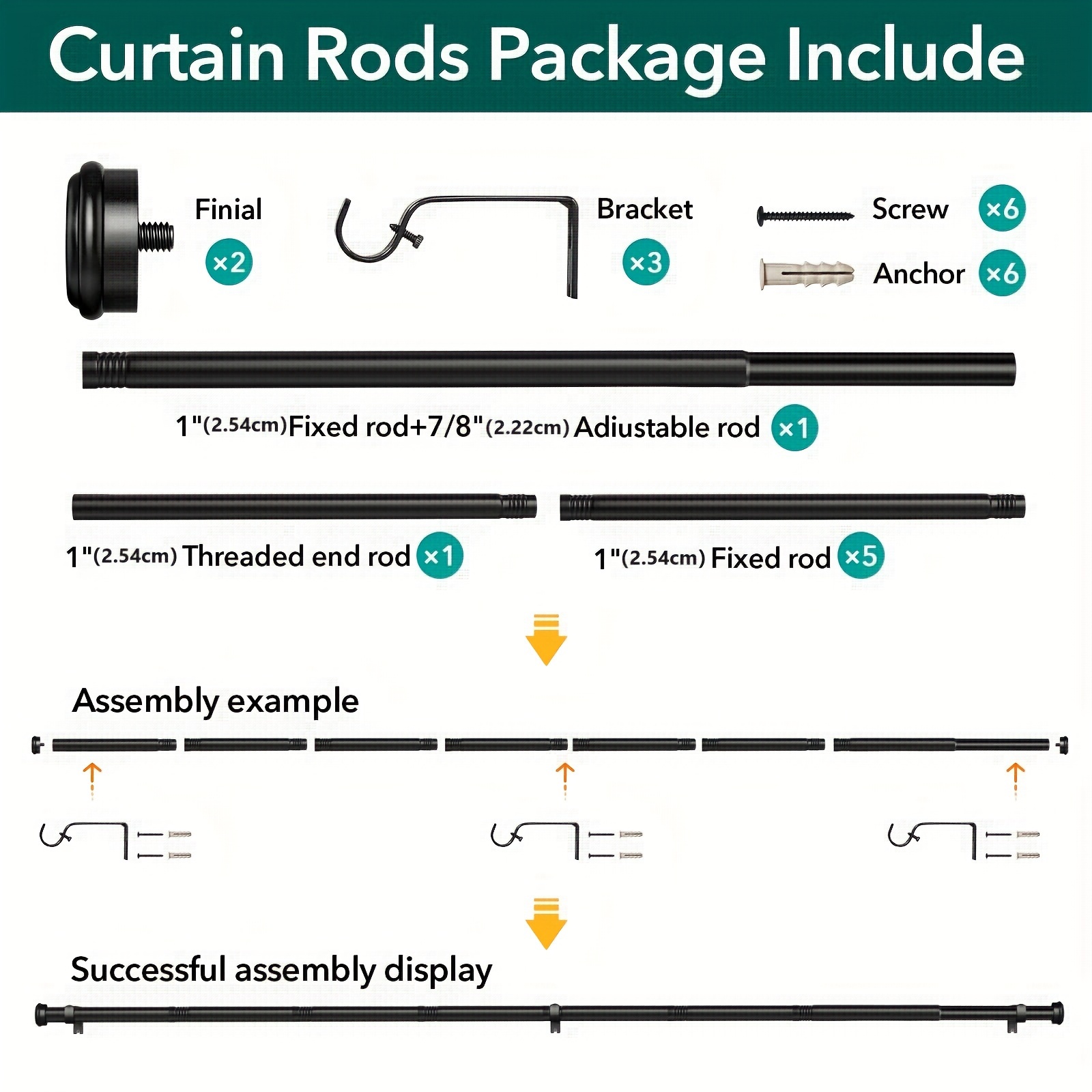 Image of Heavy Duty Curtain Rods, Black Curtain Rods For Bedroom, Living Room, Patio, Kitchen, Farmhouse, Adjustable Curtain Rods