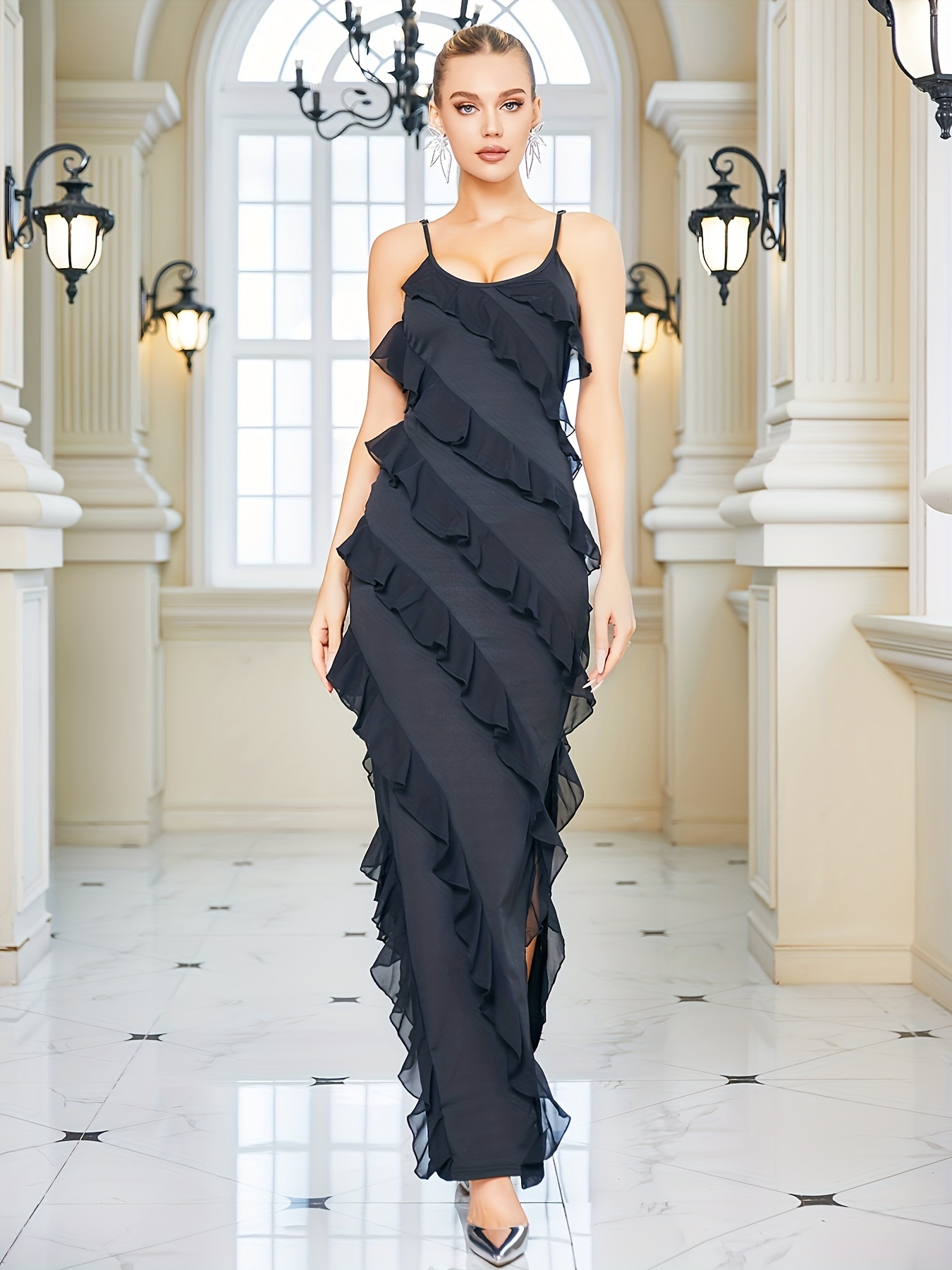 Ruffle Trim Bodycon Dress Elegant Solid V Neck Party Dress - Temu